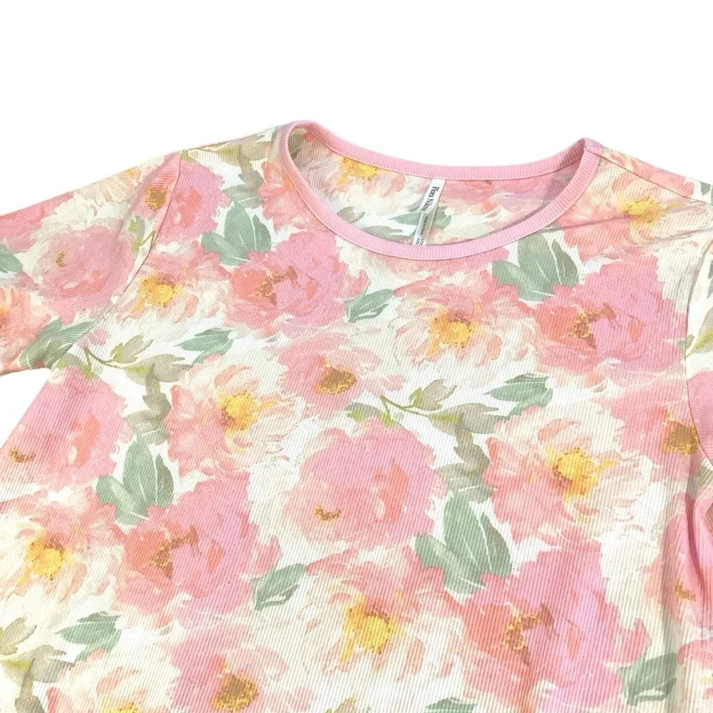 Flora Nikrooz Fine Ribbed Pink Floral‎ Scoop Neck Nightgown Sleep Shirt Small